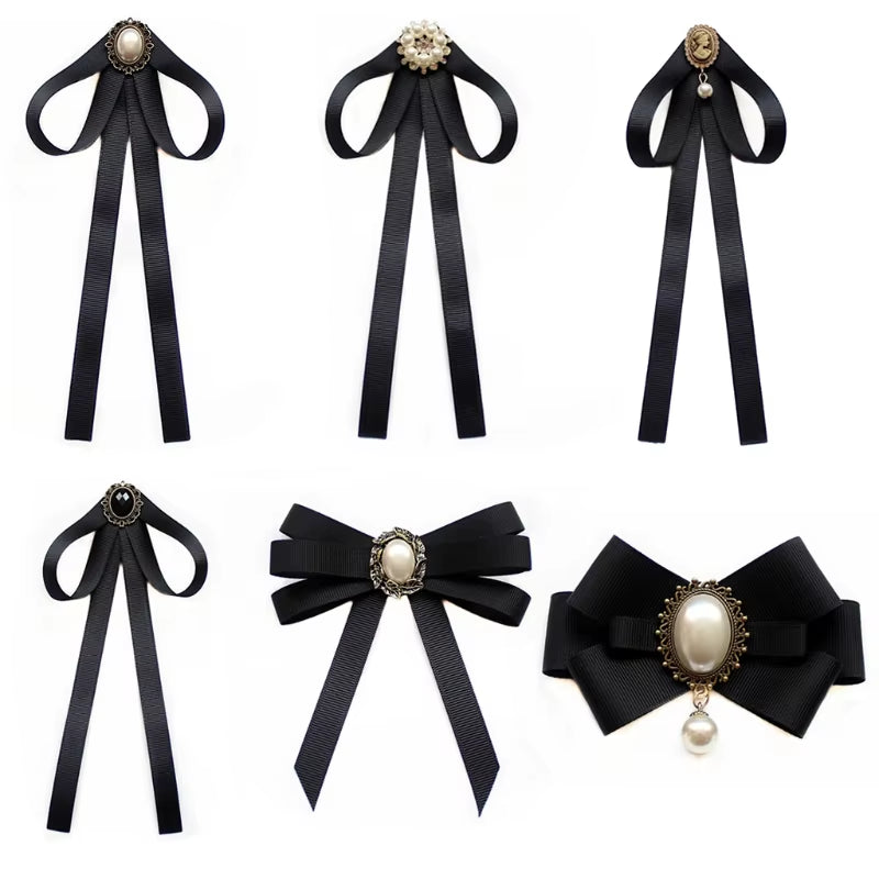 Imitation Pearl Ribbon Brooches Pin Bow Tie Vintage Pre-Tied Collar Jewelry Bowknot Shirt Necktie Clip for Women Girls