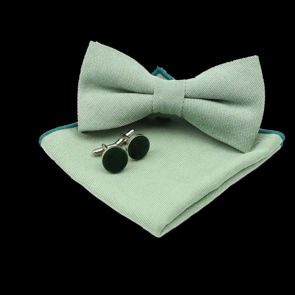 Solid Polyester Dots Bowtie Handkerchief Cufflinks Set Men Fashion Butterfly Party Wedding Bowties without Box Novelty Ties Gift