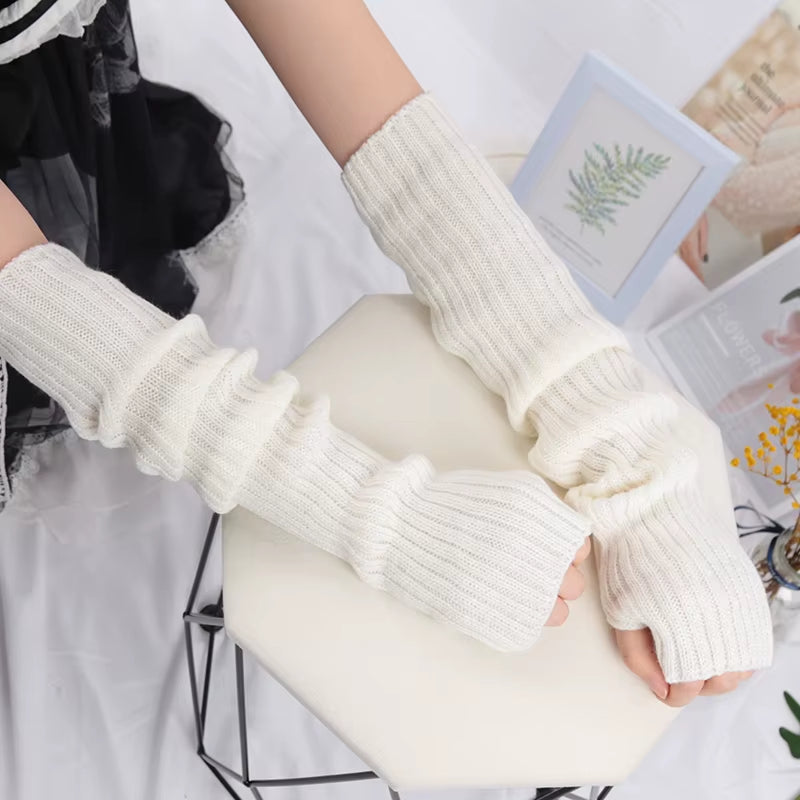 Women Long Fingerless Gloves Soft Female Glove Lolita Kawaii Mitten Winter Warmer Knitted Arm Sleeve Girls Punk Gothic Gloves