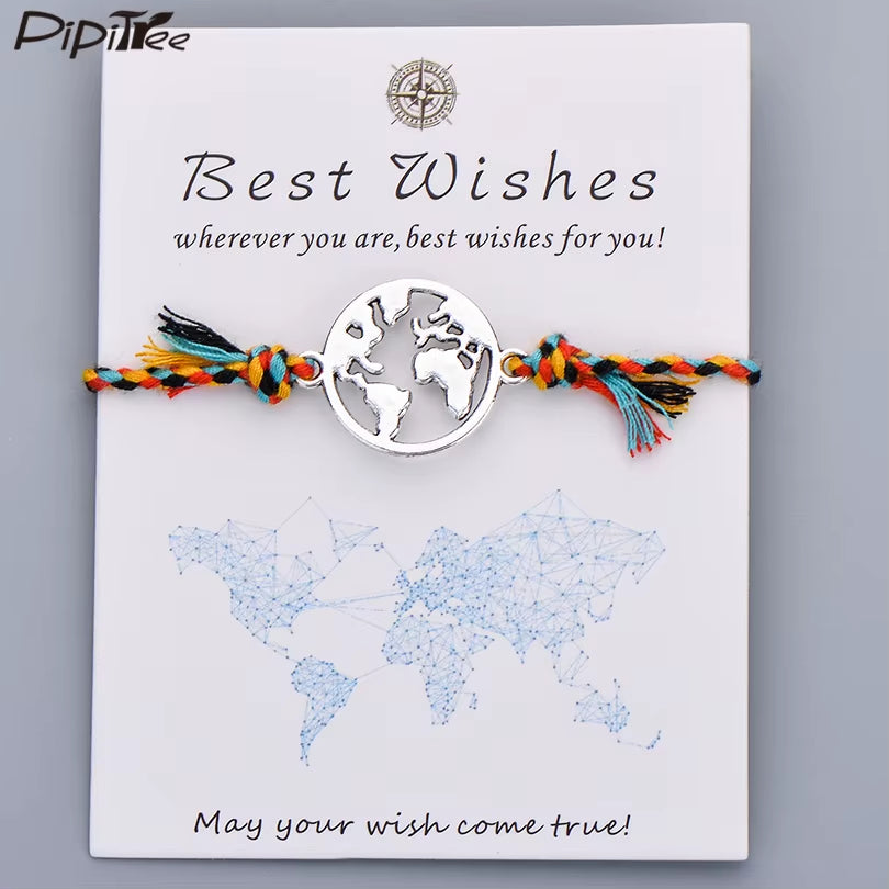 Colorful Braided Rope Charm Bracelet Best Wishes World Map Wish Bracelets for Women Men Kids Bohemian Boho Jewelry Gift