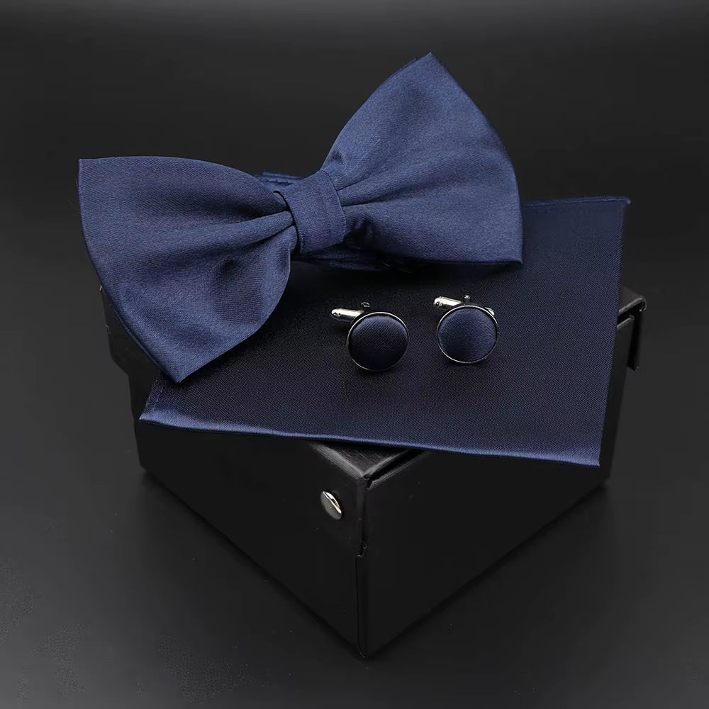 Solid Polyester Dots Bowtie Handkerchief Cufflinks Set Men Fashion Butterfly Party Wedding Bowties without Box Novelty Ties Gift