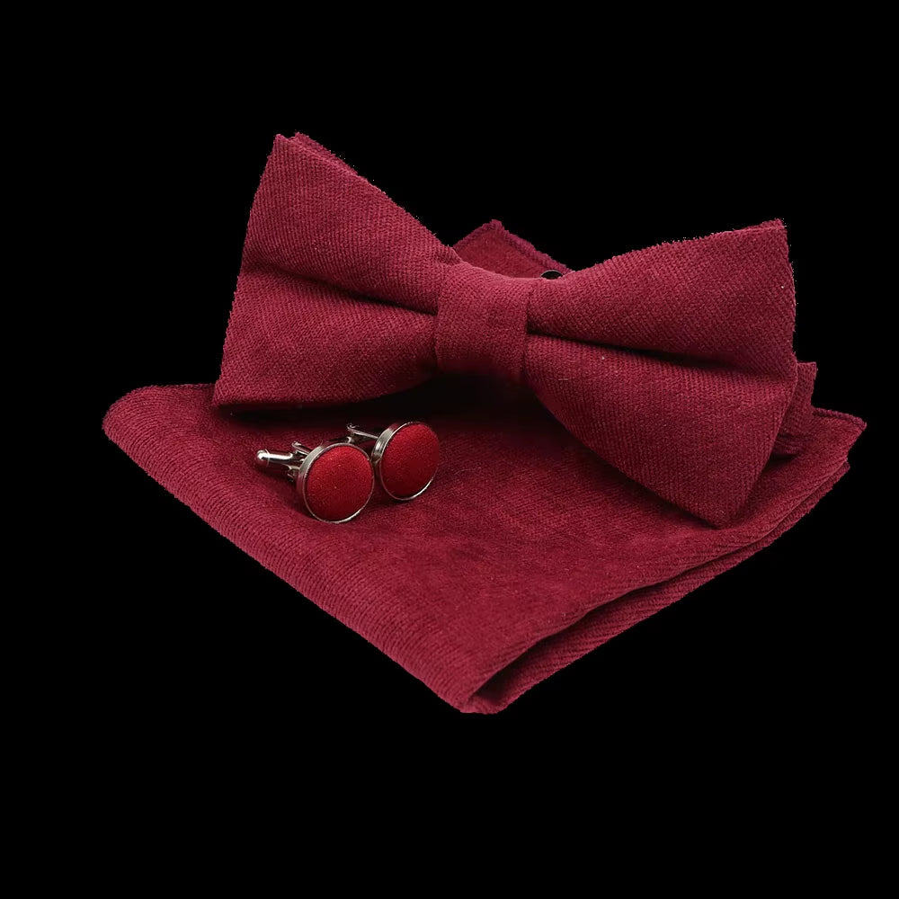 Solid Polyester Dots Bowtie Handkerchief Cufflinks Set Men Fashion Butterfly Party Wedding Bowties without Box Novelty Ties Gift