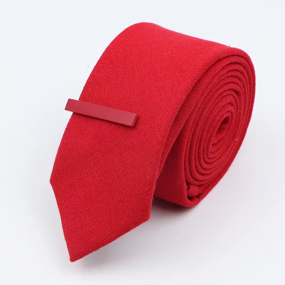 Tie&Clip Set Fashion 6Cm Solid Color Linen/Cotton Necktie Bright Ties Pin Clips Clasp Colourful for Men'S Clothing Accessories