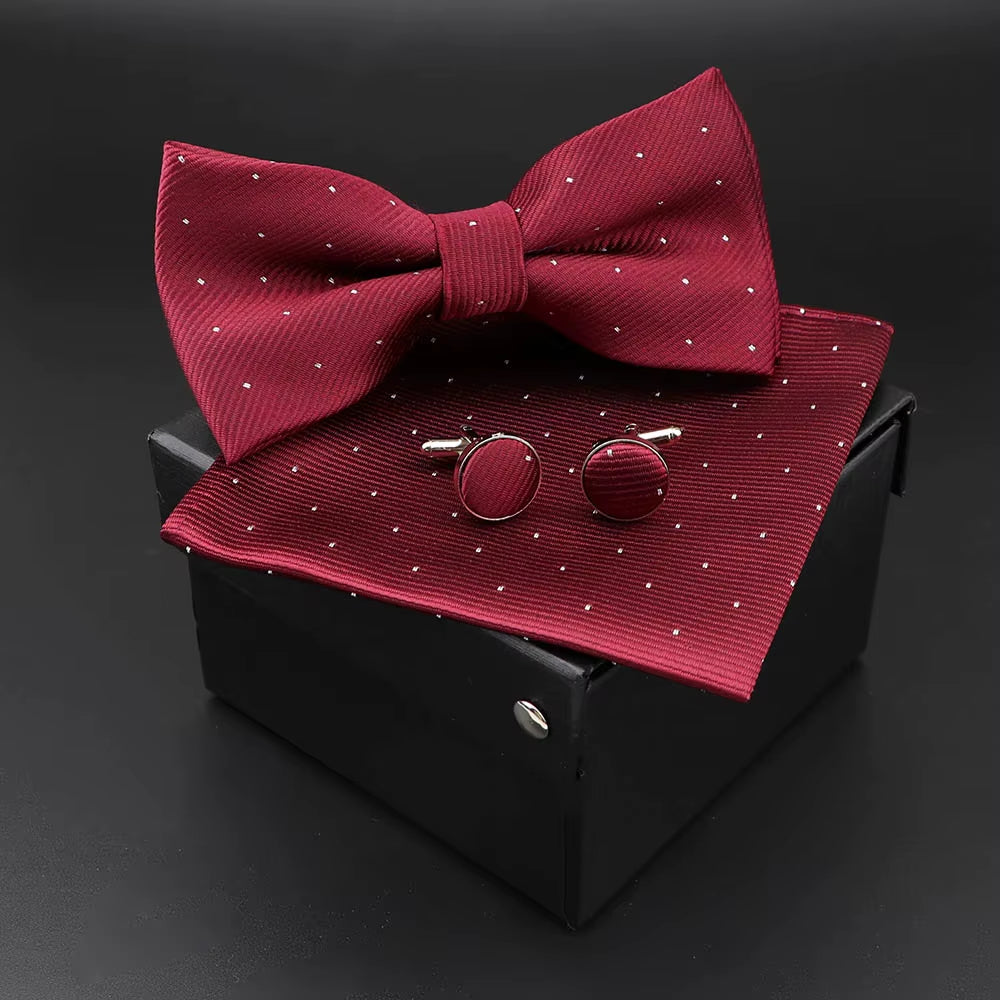 Solid Polyester Dots Bowtie Handkerchief Cufflinks Set Men Fashion Butterfly Party Wedding Bowties without Box Novelty Ties Gift