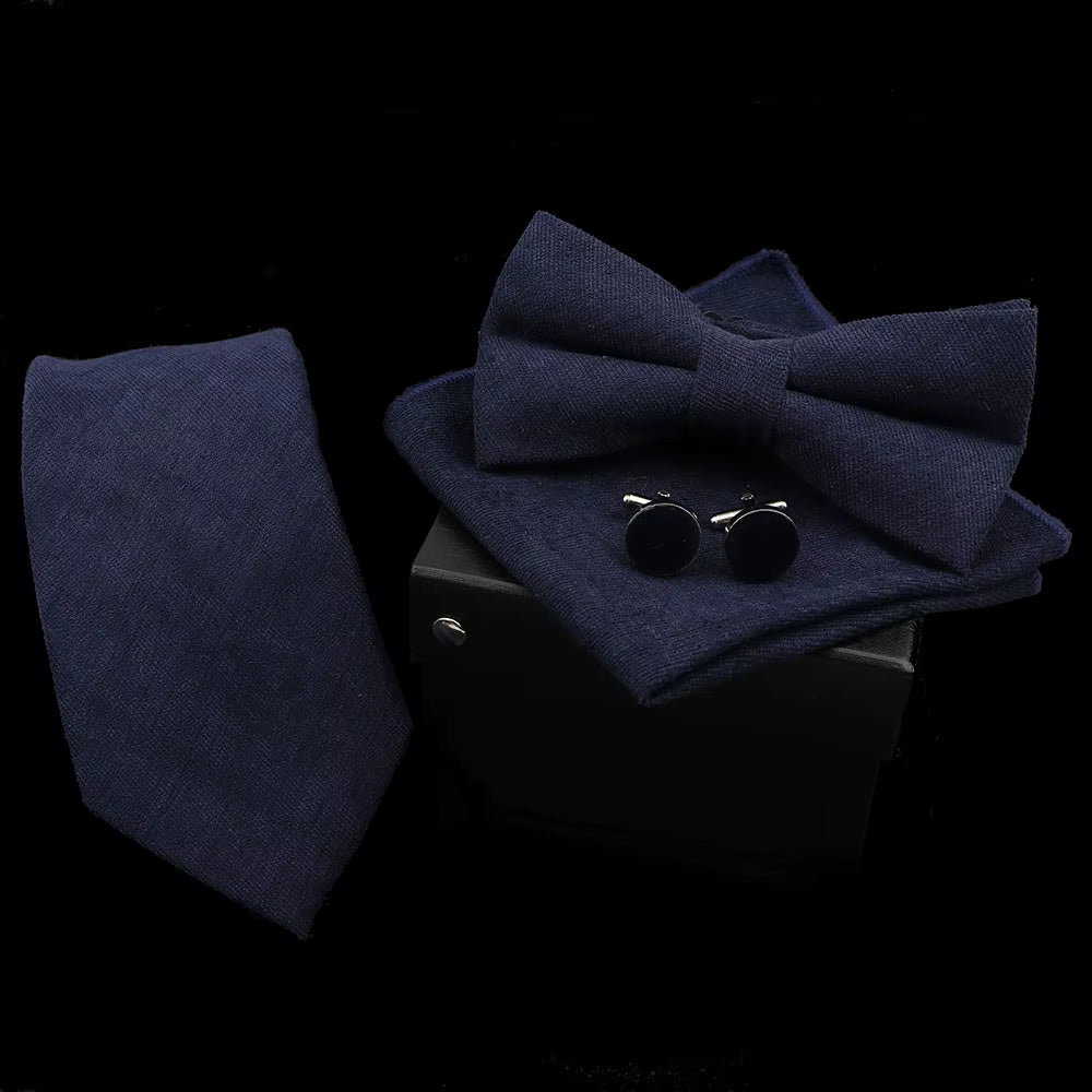 Solid Color Polyester Tie Bowtie Handkerchief Cufflinks Set Men Fashion Butterfly Wedding Necktie without Box Novelty Ties Gift