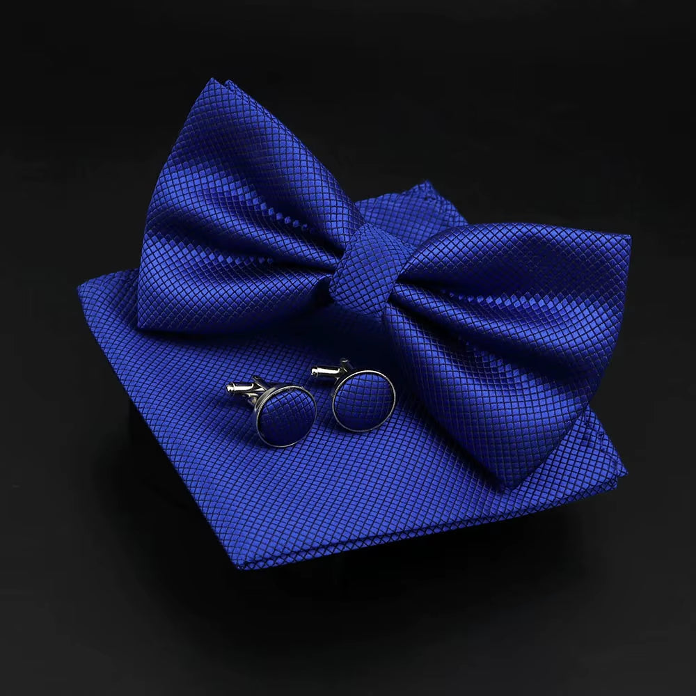 Solid Polyester Dots Bowtie Handkerchief Cufflinks Set Men Fashion Butterfly Party Wedding Bowties without Box Novelty Ties Gift