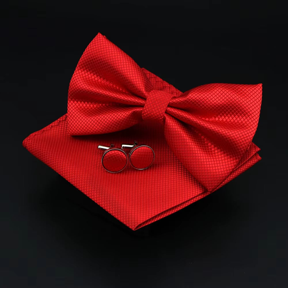 Solid Polyester Dots Bowtie Handkerchief Cufflinks Set Men Fashion Butterfly Party Wedding Bowties without Box Novelty Ties Gift