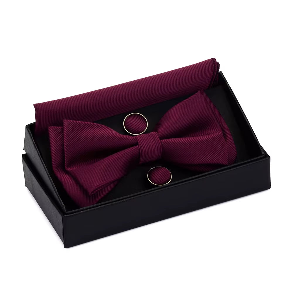 Quality Bowties for Wedding Mens Solid Color Two Layer Pre-Tied Bow Tie and Pocket Square Cufflinks Set with Gift Box