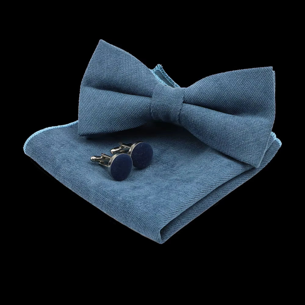 Solid Polyester Dots Bowtie Handkerchief Cufflinks Set Men Fashion Butterfly Party Wedding Bowties without Box Novelty Ties Gift