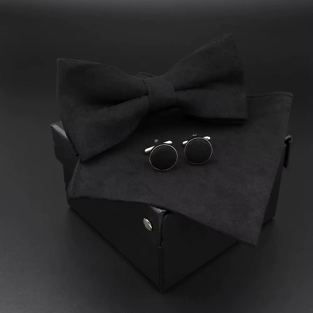 Solid Polyester Dots Bowtie Handkerchief Cufflinks Set Men Fashion Butterfly Party Wedding Bowties without Box Novelty Ties Gift