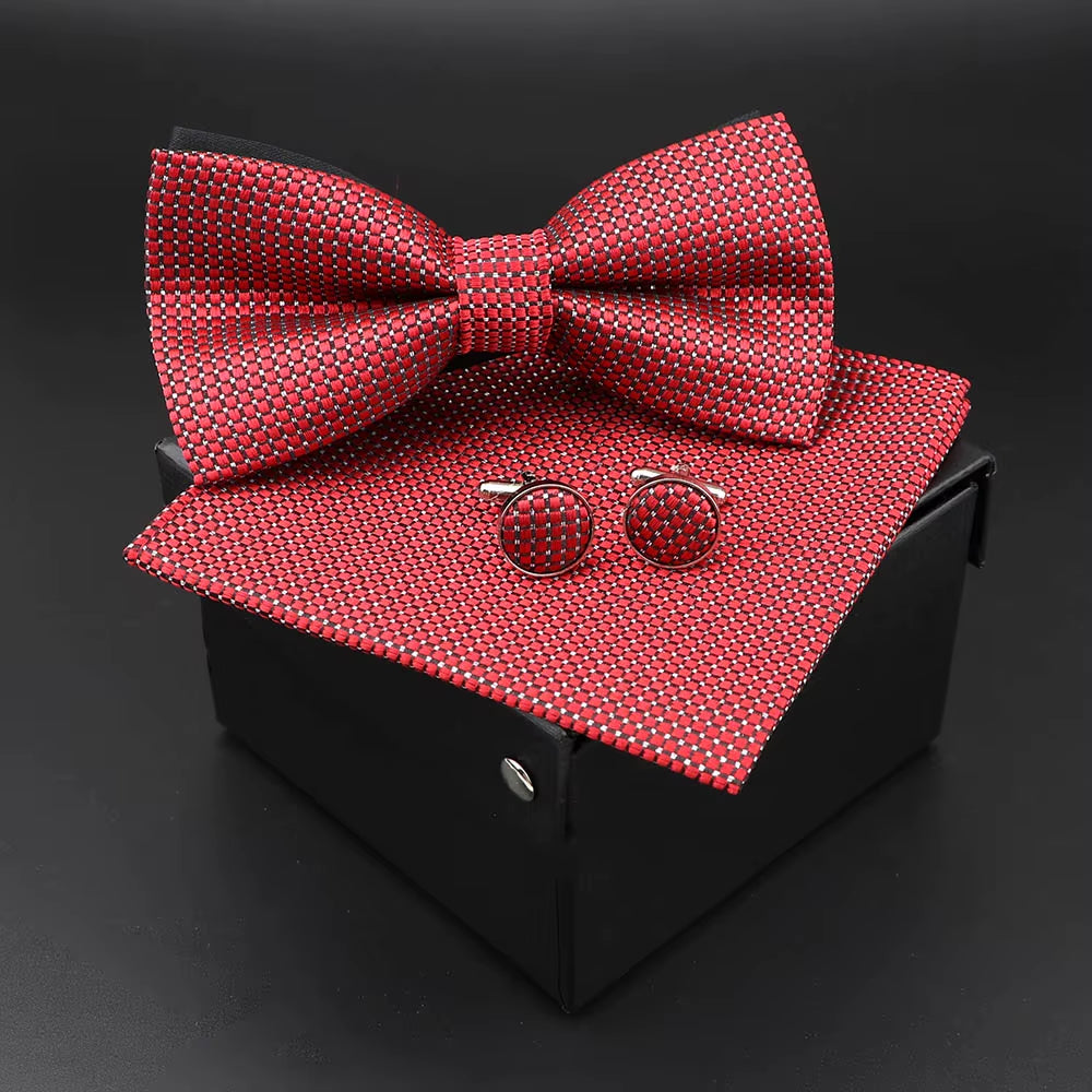 Solid Polyester Dots Bowtie Handkerchief Cufflinks Set Men Fashion Butterfly Party Wedding Bowties without Box Novelty Ties Gift