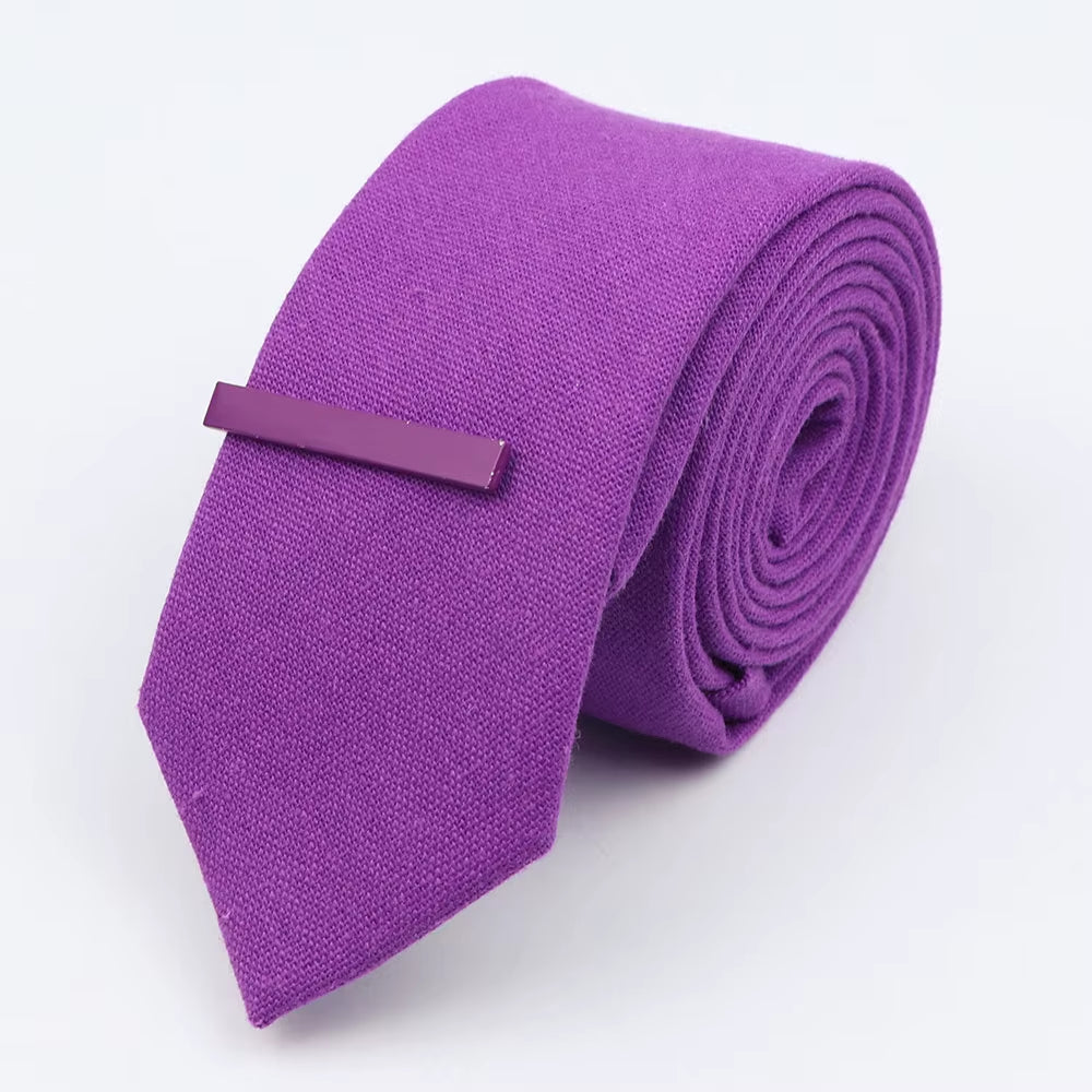 Tie&Clip Set Fashion 6Cm Solid Color Linen/Cotton Necktie Bright Ties Pin Clips Clasp Colourful for Men'S Clothing Accessories