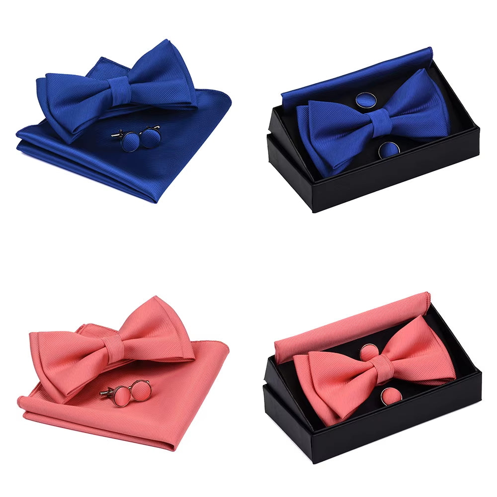 Quality Bowties for Wedding Mens Solid Color Two Layer Pre-Tied Bow Tie and Pocket Square Cufflinks Set with Gift Box