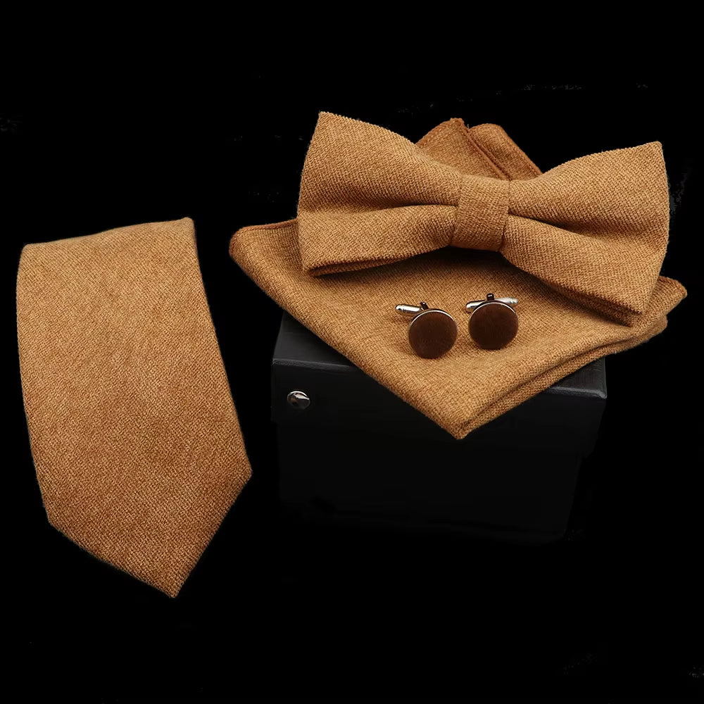 Solid Color Polyester Tie Bowtie Handkerchief Cufflinks Set Men Fashion Butterfly Wedding Necktie without Box Novelty Ties Gift