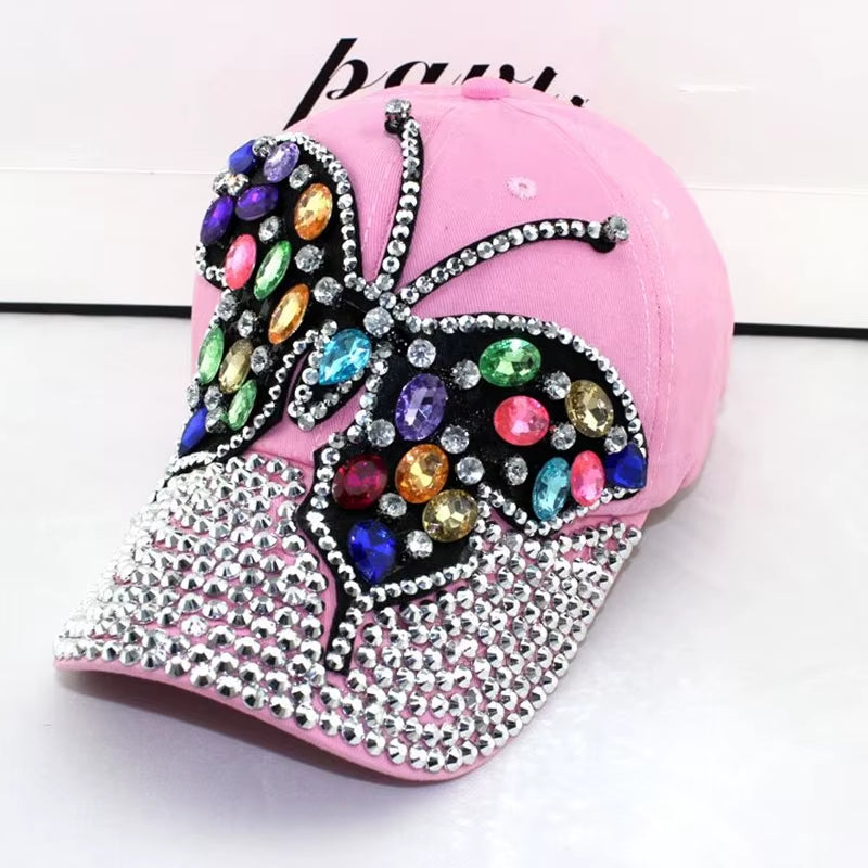 2017 Fall Baseball Cap Women Full Crystal Colorful Big Butterfly Hat Denim Bling Rhinestone Snapback Caps Casquette Summer Hats