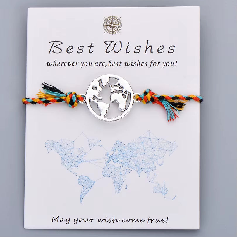 Colorful Braided Rope Charm Bracelet Best Wishes World Map Wish Bracelets for Women Men Kids Bohemian Boho Jewelry Gift