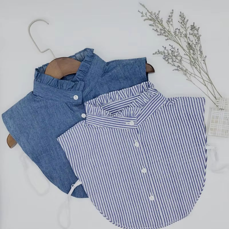 Minimalist Stripes Denim Women Detachable Lapel Fake Collar Cute Doll Ruffles Lace Splicing Button down False Half Shirt Blouse