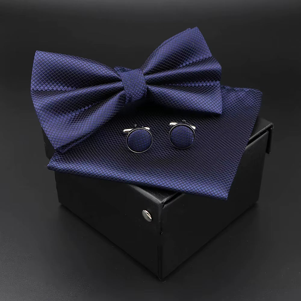 Solid Polyester Dots Bowtie Handkerchief Cufflinks Set Men Fashion Butterfly Party Wedding Bowties without Box Novelty Ties Gift