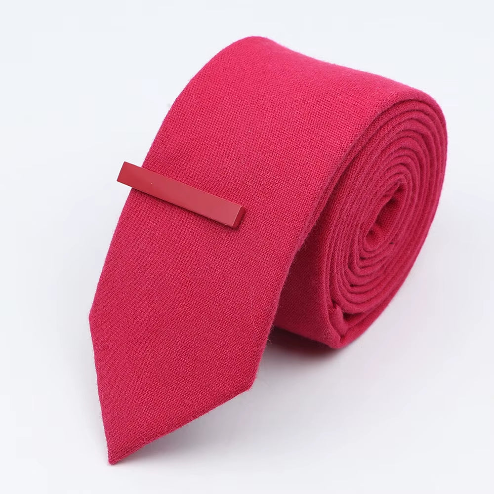 Tie&Clip Set Fashion 6Cm Solid Color Linen/Cotton Necktie Bright Ties Pin Clips Clasp Colourful for Men'S Clothing Accessories