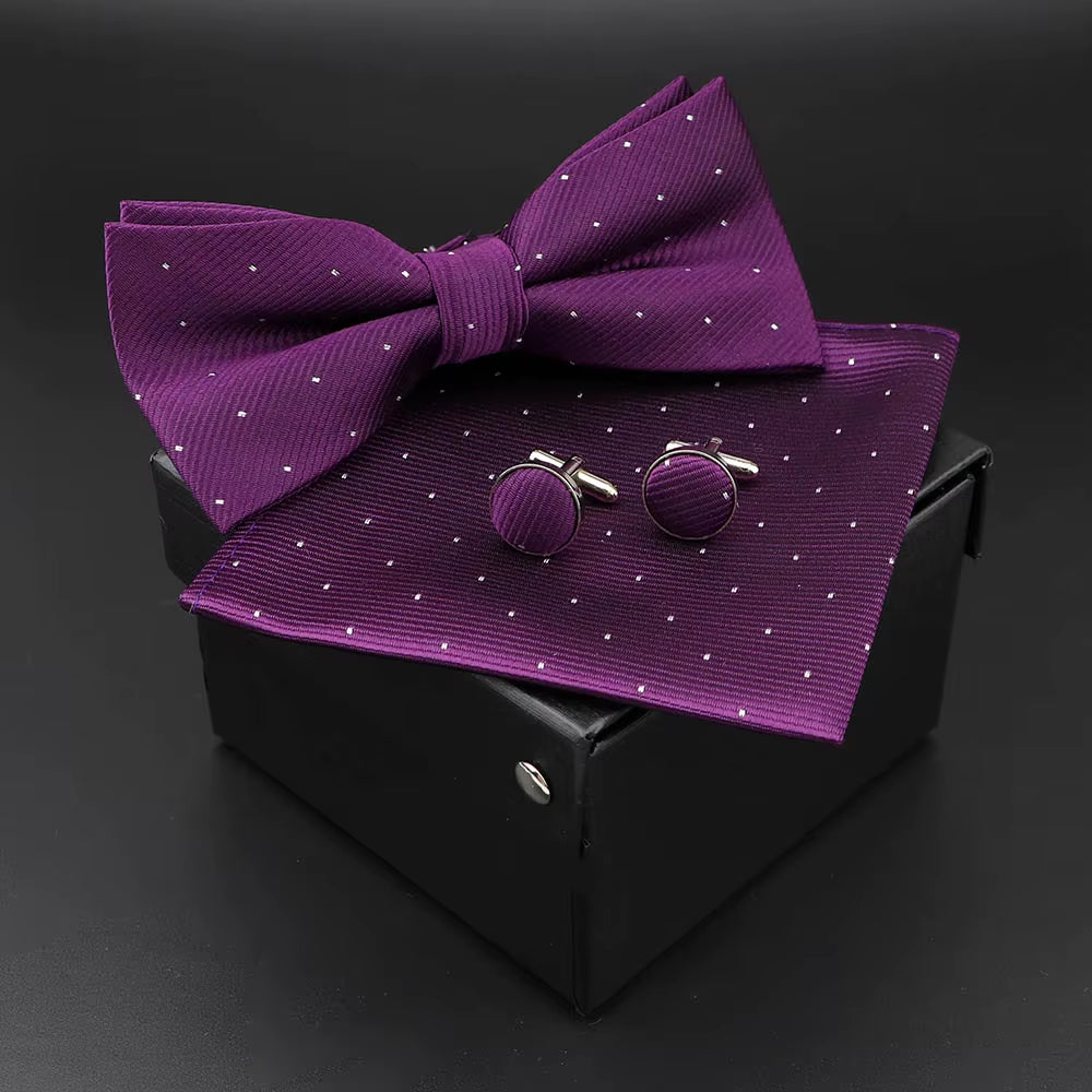 Solid Polyester Dots Bowtie Handkerchief Cufflinks Set Men Fashion Butterfly Party Wedding Bowties without Box Novelty Ties Gift