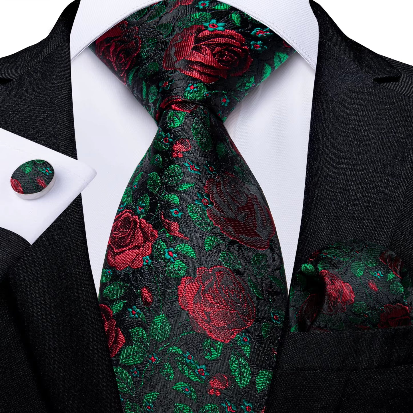 Black Red Rose Floral Ties for Men 8Cm Men'S Silk Neck Tie Handkerchief Cufflinks Set Business Wedding Tie Gift for Men