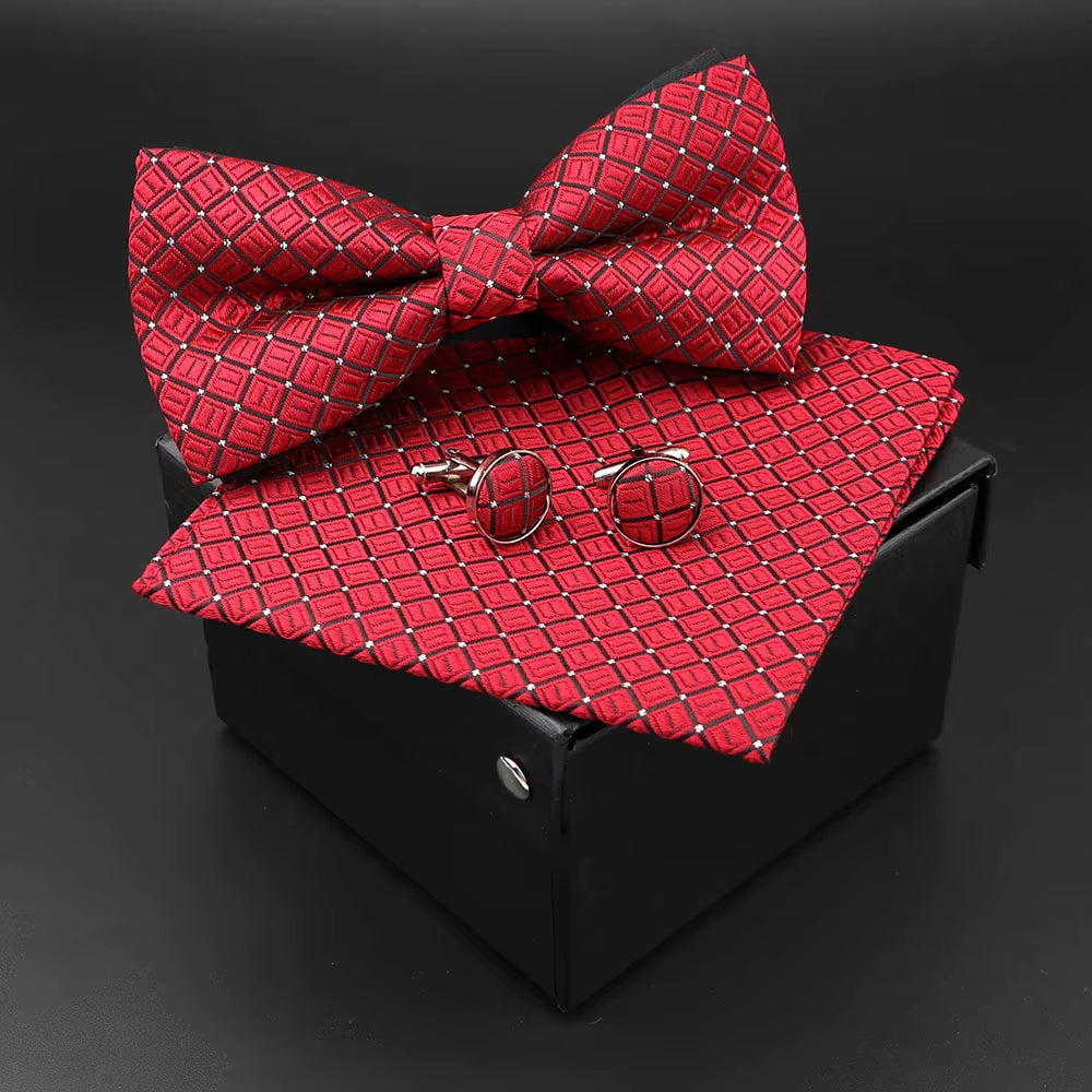 Solid Polyester Dots Bowtie Handkerchief Cufflinks Set Men Fashion Butterfly Party Wedding Bowties without Box Novelty Ties Gift