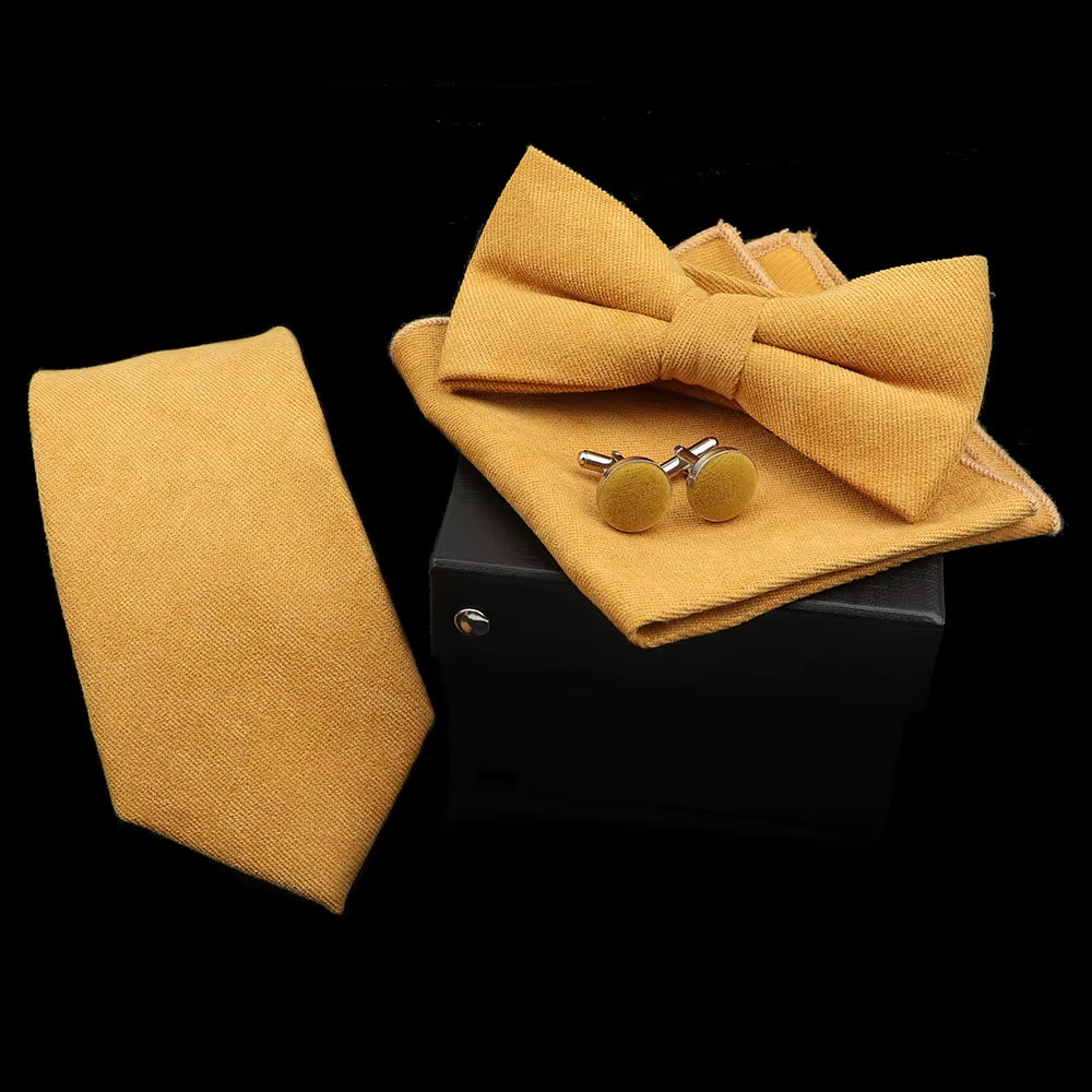 Solid Color Polyester Tie Bowtie Handkerchief Cufflinks Set Men Fashion Butterfly Wedding Necktie without Box Novelty Ties Gift