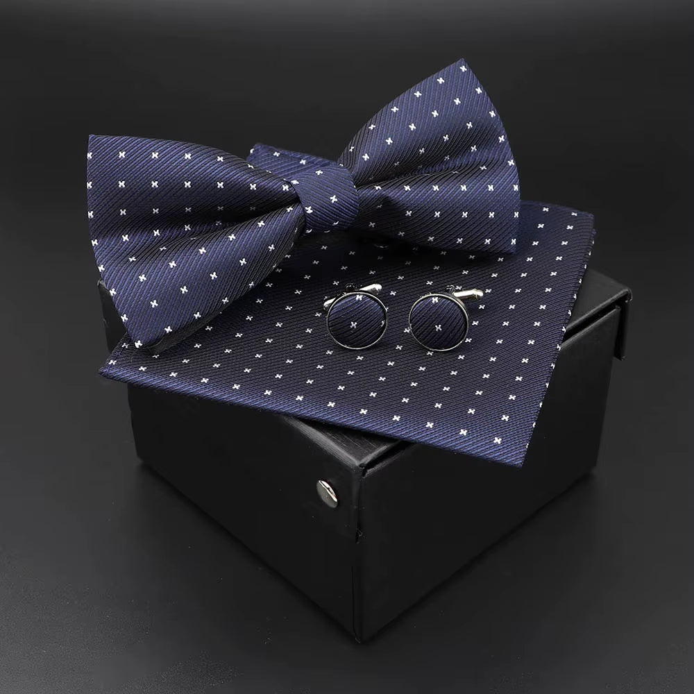 Solid Polyester Dots Bowtie Handkerchief Cufflinks Set Men Fashion Butterfly Party Wedding Bowties without Box Novelty Ties Gift