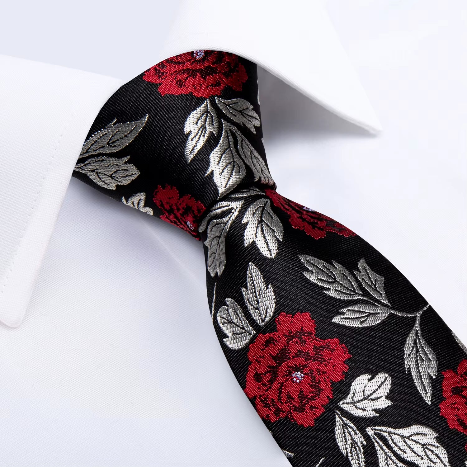 Black Red Rose Floral Ties for Men 8Cm Men'S Silk Neck Tie Handkerchief Cufflinks Set Business Wedding Tie Gift for Men