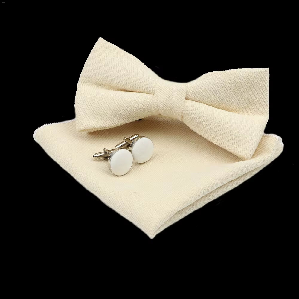 Solid Polyester Dots Bowtie Handkerchief Cufflinks Set Men Fashion Butterfly Party Wedding Bowties without Box Novelty Ties Gift