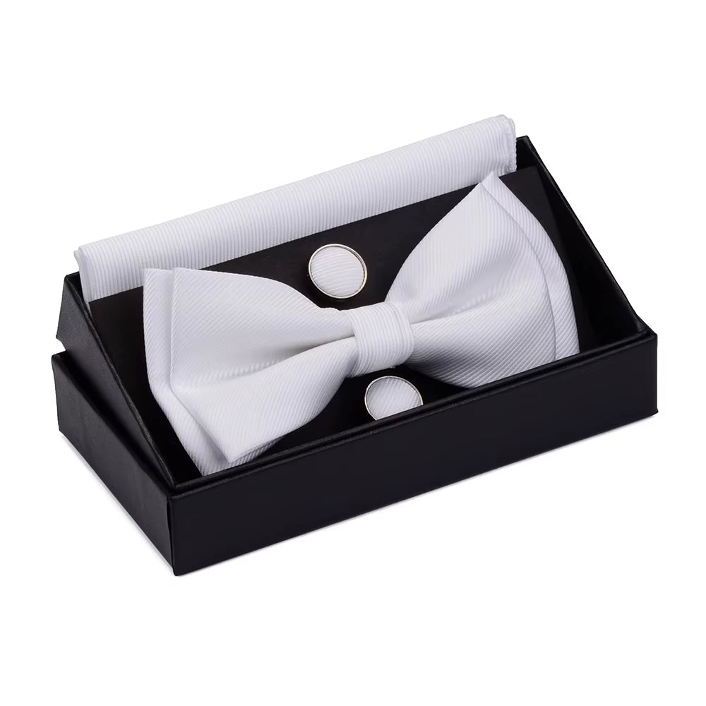 Quality Bowties for Wedding Mens Solid Color Two Layer Pre-Tied Bow Tie and Pocket Square Cufflinks Set with Gift Box