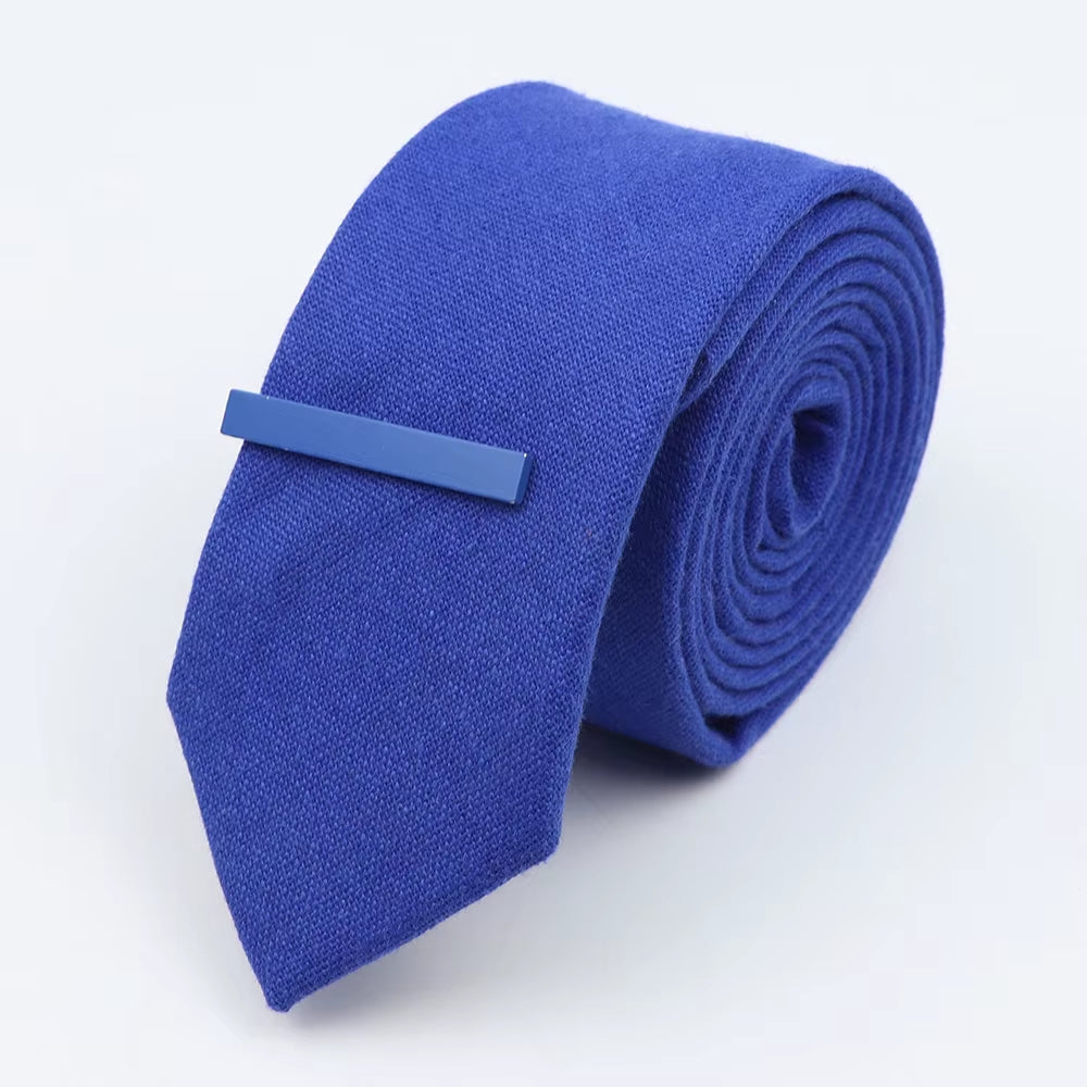 Tie&Clip Set Fashion 6Cm Solid Color Linen/Cotton Necktie Bright Ties Pin Clips Clasp Colourful for Men'S Clothing Accessories