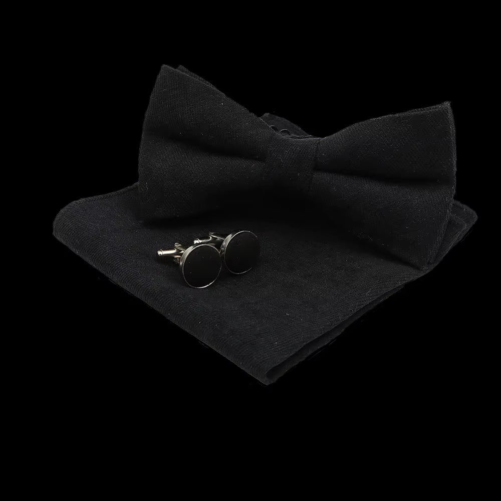 Solid Polyester Dots Bowtie Handkerchief Cufflinks Set Men Fashion Butterfly Party Wedding Bowties without Box Novelty Ties Gift