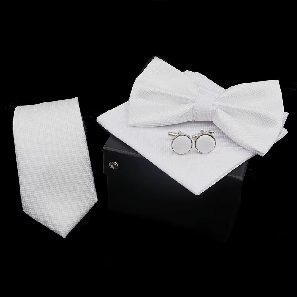 Solid Color Polyester Tie Bowtie Handkerchief Cufflinks Set Men Fashion Butterfly Wedding Necktie without Box Novelty Ties Gift