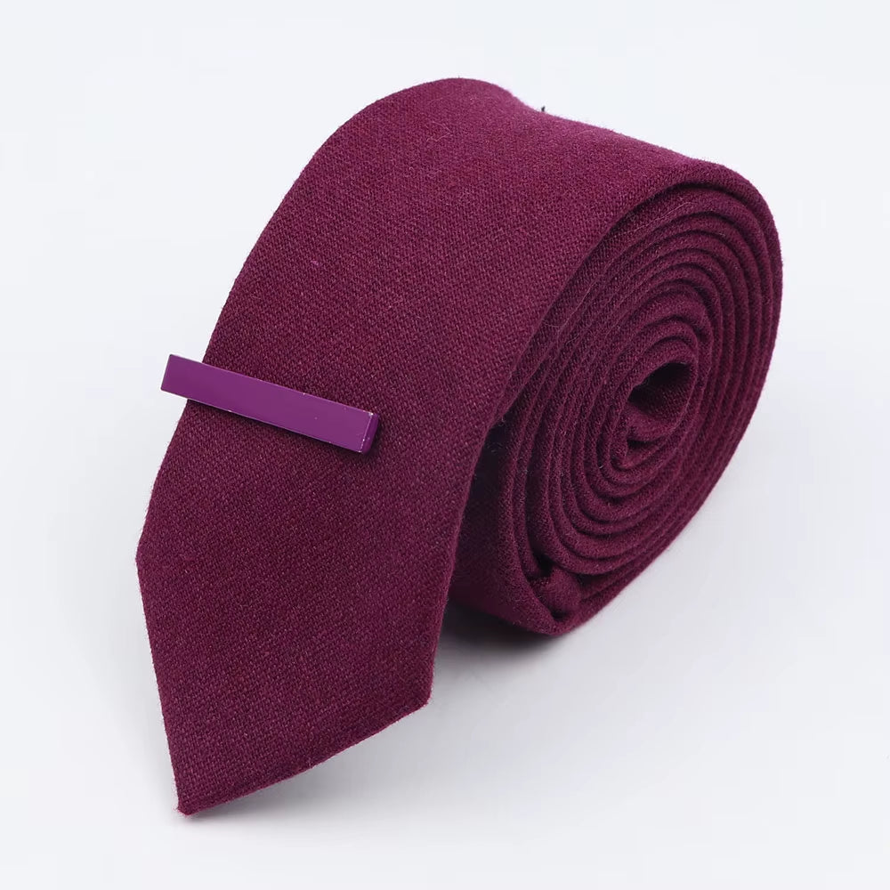 Tie&Clip Set Fashion 6Cm Solid Color Linen/Cotton Necktie Bright Ties Pin Clips Clasp Colourful for Men'S Clothing Accessories