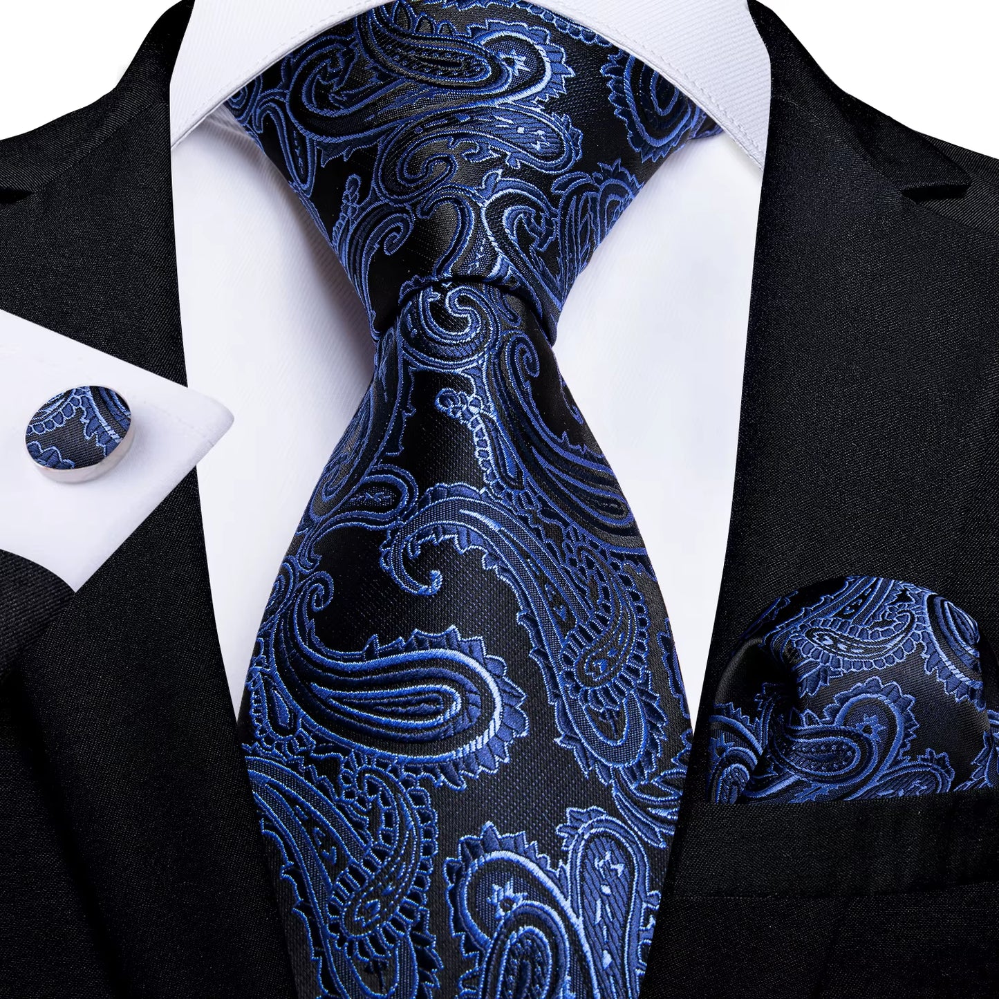 8Cm Blue Plaid Paisley Dot 100% Silk Men Tie Business Formal Wedding Party Necktie Hanky Cufflinks Set Mens Ties Gift