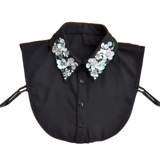 Womens Detachable Blouse False Collar Handmade Beading Rhinestone Sequins Flower Lapel Adjustable Half-Shirt Necklace F3MD