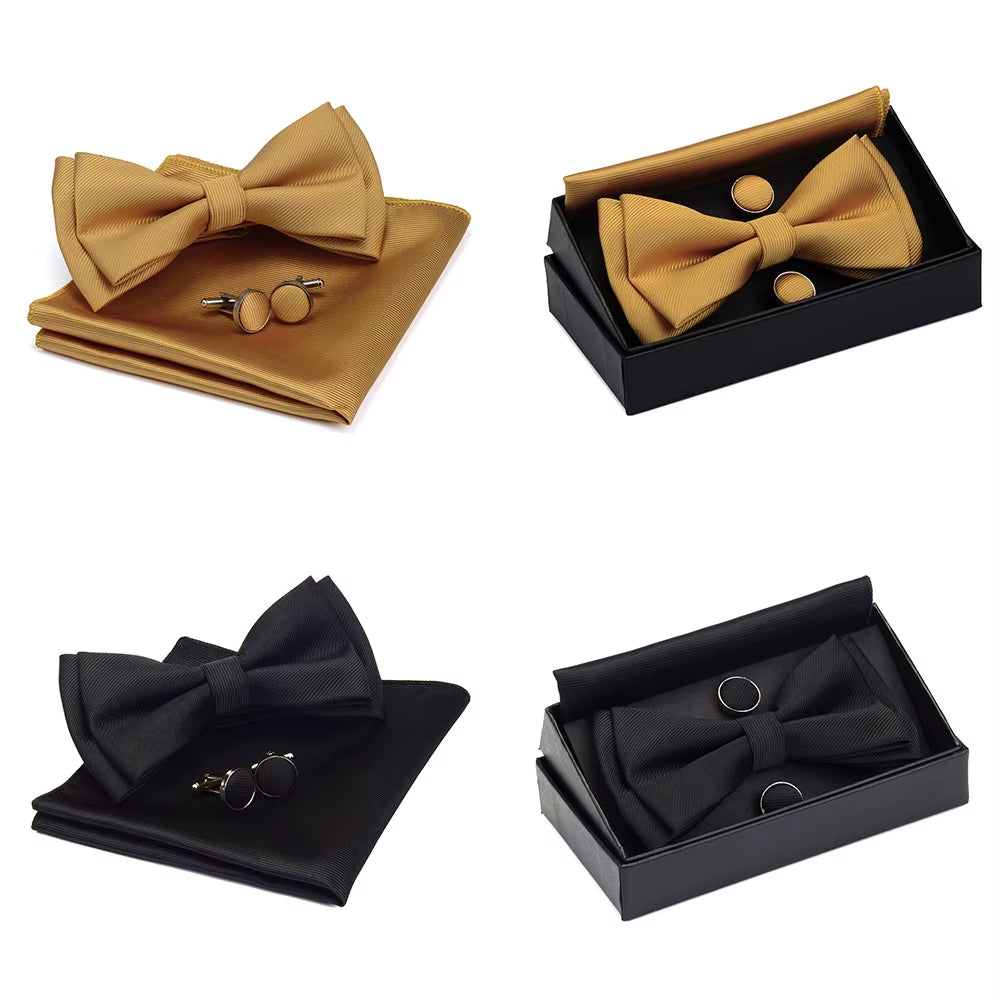 Quality Bowties for Wedding Mens Solid Color Two Layer Pre-Tied Bow Tie and Pocket Square Cufflinks Set with Gift Box