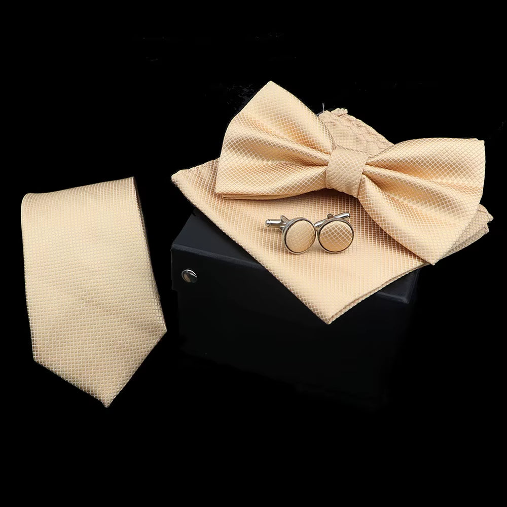 Solid Color Polyester Tie Bowtie Handkerchief Cufflinks Set Men Fashion Butterfly Wedding Necktie without Box Novelty Ties Gift