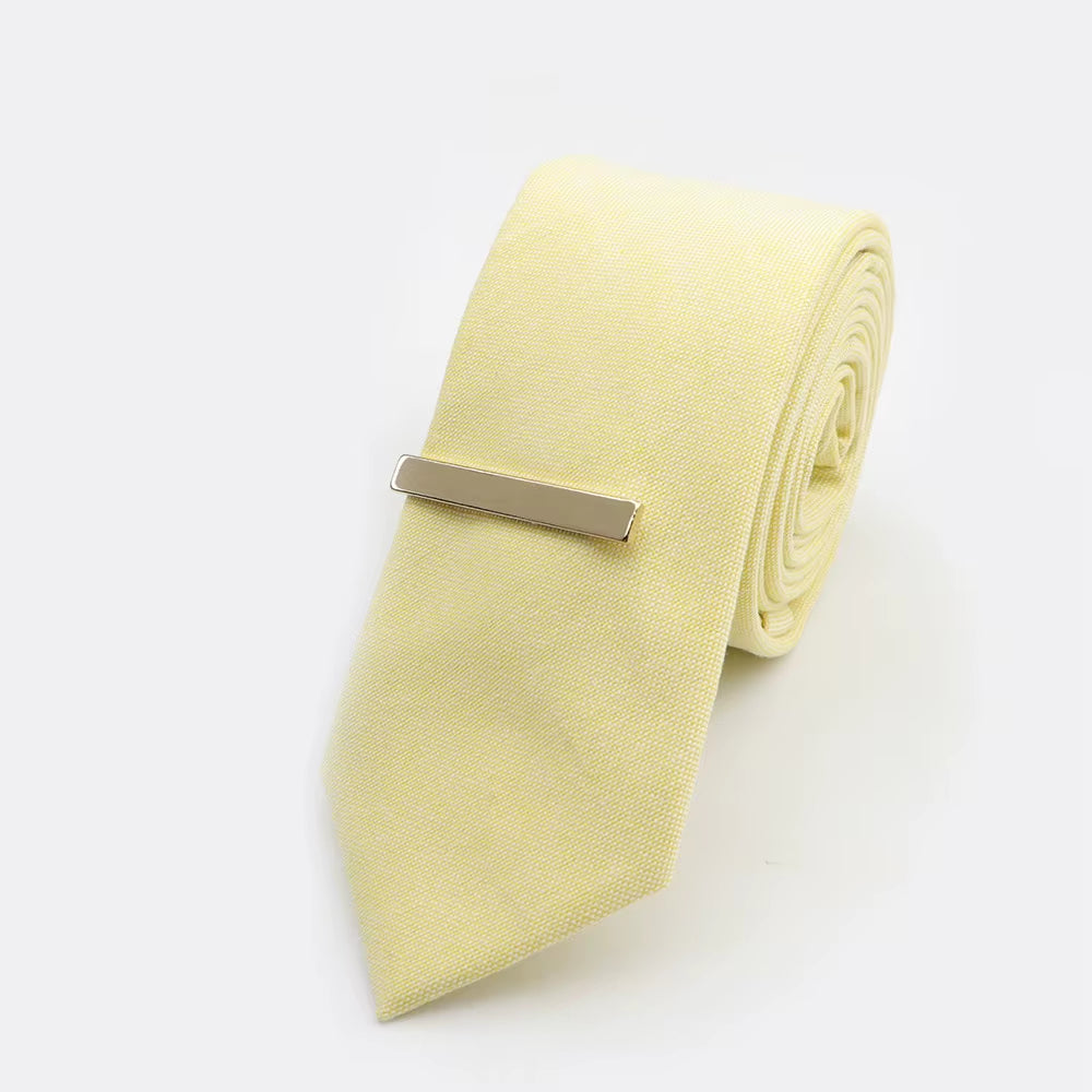 Tie&Clip Set Fashion 6Cm Solid Color Linen/Cotton Necktie Bright Ties Pin Clips Clasp Colourful for Men'S Clothing Accessories